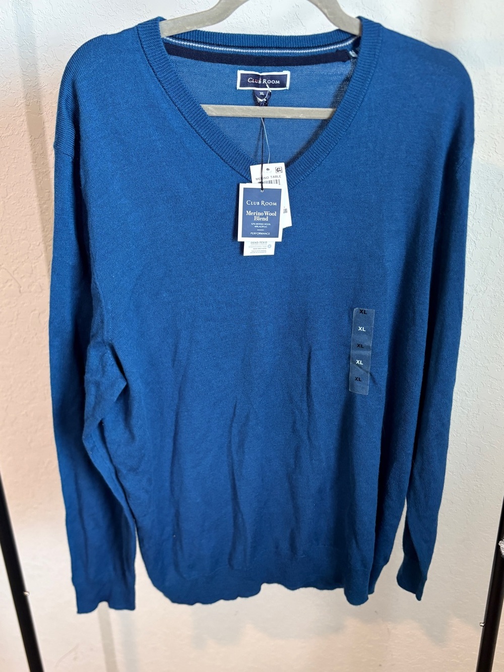 Club Room Men's V-Neck Merino Wool Blend Sweater in Deep Blue